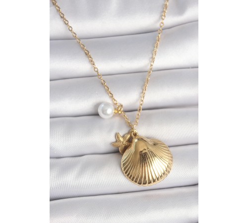 316L Çelik Gold Renk Zincir Deniz Kabuğu Figür İnci Detay Kadın Kolye - TJ-BKO10116