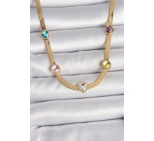 316L Çelik Gold Renk İtalyan Zincir Renkli Zirkon Taşlı Kalp Figür Kadın Kolye - TJ-BKO10117