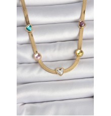 316L Çelik Gold Renk İtalyan Zincir Renkli Zirkon Taşlı Kalp Figür Kadın Kolye - TJ-BKO10117