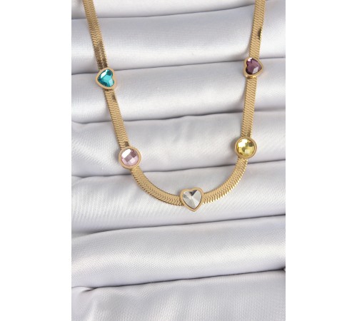316L Çelik Gold Renk İtalyan Zincir Renkli Zirkon Taşlı Kalp Figür Kadın Kolye - TJ-BKO10117