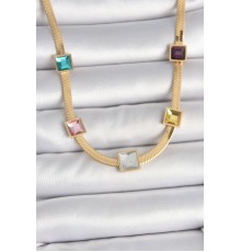 316L Çelik Gold Renk İtalyan Zincir Model Kare Renkli Zirkon Taşlı Kadın Kolye - TJ-BKO10118