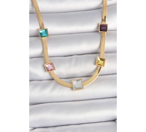 316L Çelik Gold Renk İtalyan Zincir Model Kare Renkli Zirkon Taşlı Kadın Kolye - TJ-BKO10118