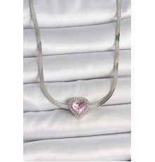 316L Çelik Gümüş Renk İtalyan Zincir Pembe Zirkon Taşlı Kalp Model Kadın Kolye - TJ-BKO10119