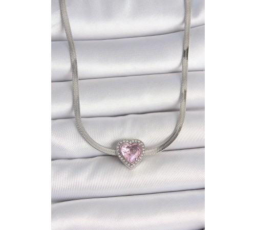 316L Çelik Gümüş Renk İtalyan Zincir Pembe Zirkon Taşlı Kalp Model Kadın Kolye - TJ-BKO10119