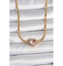 316L Çelik Gold Renk İtalyan Zincir Pembe Zirkon Taşlı Kalp Model Kadın Kolye - TJ-BKO10120