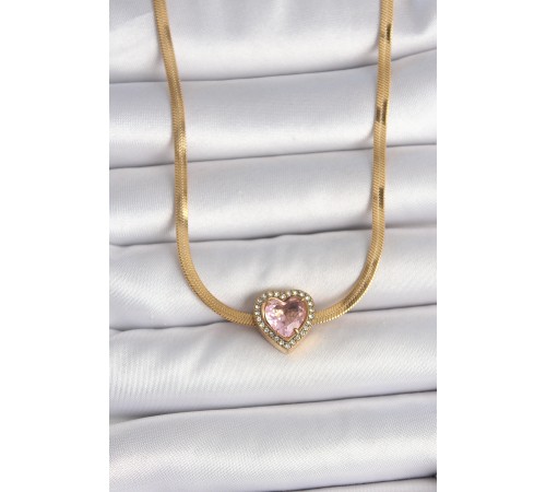 316L Çelik Gold Renk İtalyan Zincir Pembe Zirkon Taşlı Kalp Model Kadın Kolye - TJ-BKO10120
