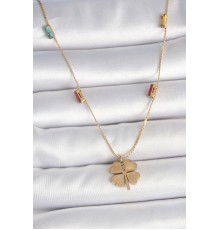 316L Çelik Gold Renk Yonca Figür Zirkon Taş Detaylı Kadın Kolye - TJ-BKO10122