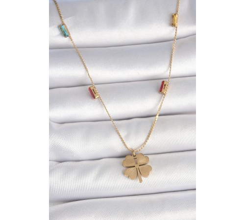 316L Çelik Gold Renk Yonca Figür Zirkon Taş Detaylı Kadın Kolye - TJ-BKO10122