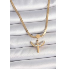 316L Çelik Gold Renk İtalyan Zincir Zirkon Taş Detaylı Mikail Model Kadın Kolye - TJ-BKO10123