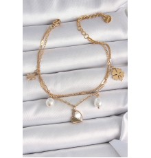 316L Çelik Gold Renk 2'li Zincir Model Sallantı Kalp Figür Yonca Detay Kadın Bileklik - TJ-BB6945