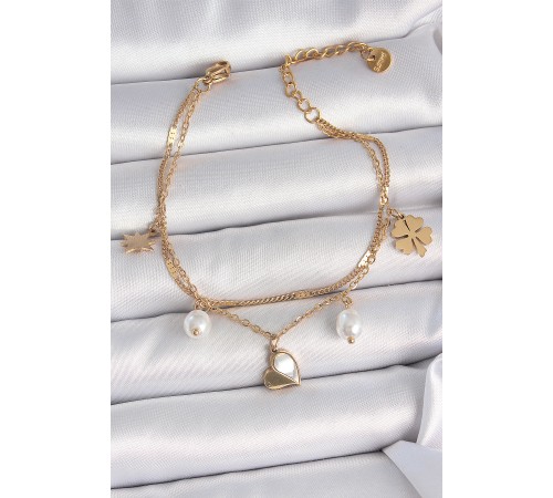 316L Çelik Gold Renk 2'li Zincir Model Sallantı Kalp Figür Yonca Detay Kadın Bileklik - TJ-BB6945