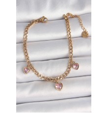 316L Çelik Gold Renk Zincir Sallantı Pembe Zirkon Taşlı Kalp Model Kadın Bileklik - TJ-BB6947