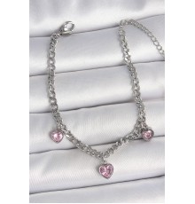 316L Çelik Gümüş Renk Zincir Sallantı Pembe Zirkon Taşlı Kalp Model Kadın Bileklik - TJ-BB6948