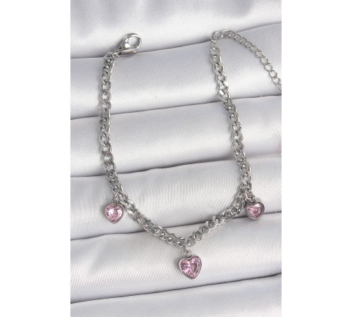 316L Çelik Gümüş Renk Zincir Sallantı Pembe Zirkon Taşlı Kalp Model Kadın Bileklik - TJ-BB6948