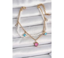 316L Çelik Gold Renk 2'Li İncili Zincir Sallantı Pembe Kalp Model Nazar Boncuk Detay Kadın Bileklik - TJ-BB6949