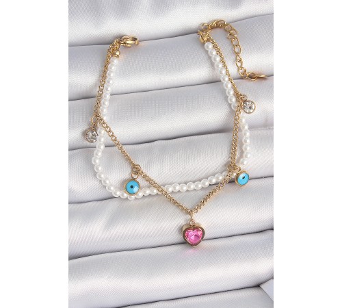 316L Çelik Gold Renk 2'Li İncili Zincir Sallantı Pembe Kalp Model Nazar Boncuk Detay Kadın Bileklik - TJ-BB6949