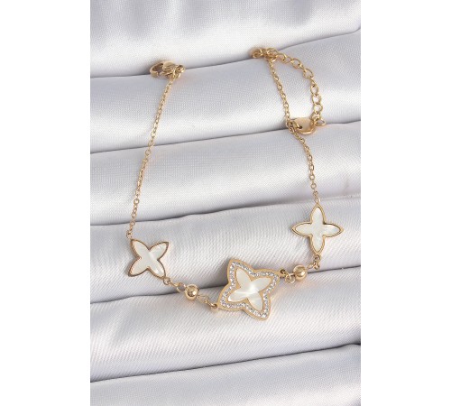316L Çelik Gold Renk Beyaz Mineli Çiçek Model Zirkon Taş Detay Kadın Bileklik - TJ-BB6950