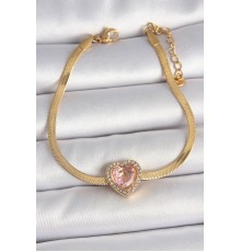 316L Çelik Gold Renk İtalyan Zincir Pembe Zirkon Taşlı Kalp Model Kadın Bileklik - TJ-BB6952