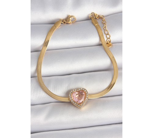 316L Çelik Gold Renk İtalyan Zincir Pembe Zirkon Taşlı Kalp Model Kadın Bileklik - TJ-BB6952