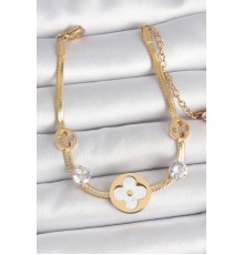 316L Çelik Gold Renk İtalyan Zincir Beyaz Mineli Yonca Model Zirkon Taş Detaylı Kadın Bileklik - TJ-BB6954
