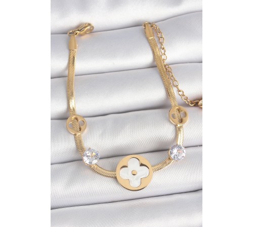316L Çelik Gold Renk İtalyan Zincir Beyaz Mineli Yonca Model Zirkon Taş Detaylı Kadın Bileklik - TJ-BB6954