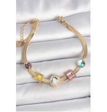 316L Çelik Gold Renk İtalyan Zincir Renkli Zirkon Taşlı Kadın Bileklik - TJ-BB6956