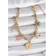 316L Çelik Gold Renk Zincir Sallantı Kilit Kalp Figür Anahtar Model Kadın Bileklik - TJ-BB6957