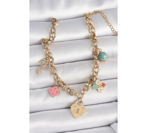 316L Çelik Gold Renk Zincir Sallantı Kilit Kalp Figür Anahtar Model Kadın Bileklik - TJ-BB6957