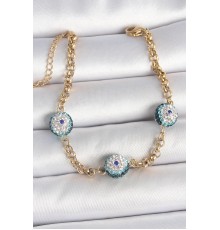 316L Çelik Gold Renk Zirkon Taşlı Nazar Boncuk Model Kadı Bileklik - TJ-BB6958