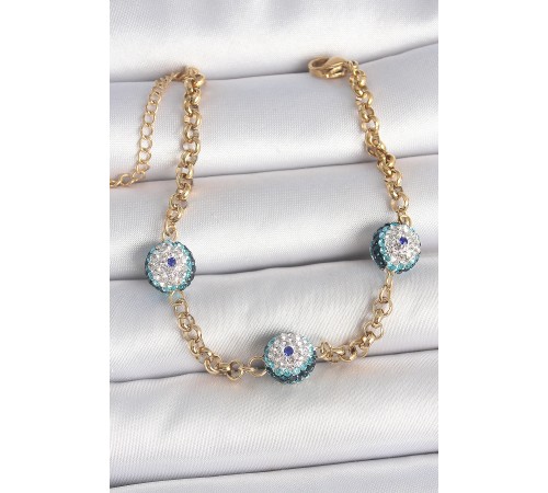 316L Çelik Gold Renk Zirkon Taşlı Nazar Boncuk Model Kadı Bileklik - TJ-BB6958