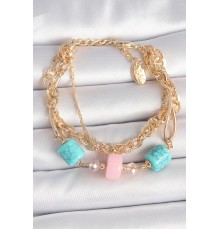 Pirinç Gold Renk Çoklu Zincir Model Mavi Taş Figürlü Kadın Bileklik - TJ-BB6959