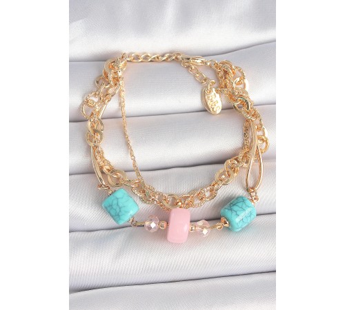 Pirinç Gold Renk Çoklu Zincir Model Mavi Taş Figürlü Kadın Bileklik - TJ-BB6959