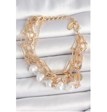 Pirinç Gold Renk Çoklu Zincir Model İncilli Zirkon Taş Detay Kadın Bileklik - TJ-BB6960