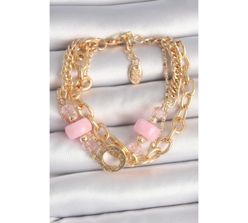 Pirinç Gold Renk Çoklu Pembe Taşlı Kadın Bileklik - TJ-BB6961