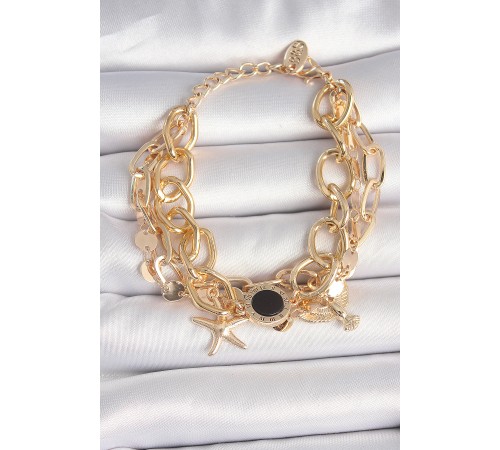 Pirinç Gold Renk Çoklu Zincir Model Deniz Yıldız Figür Kadın Bileklik - TJ-BB6963