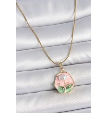 316L Çelik Gold Renk Zincir Pembe Çiçek İşlemeli İnci Detay Portre Model Kadın Kolye - TJ-BKO10125