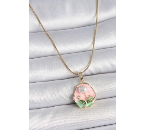 316L Çelik Gold Renk Zincir Pembe Çiçek İşlemeli İnci Detay Portre Model Kadın Kolye - TJ-BKO10125