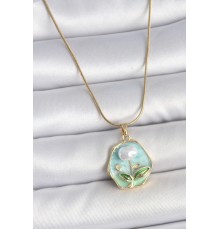 316L Çelik Gold Renk Zincir Mavi Çiçek İşlemeli İnci İşlemeli Portre Model Kadın Kolye - TJ-BKO10126