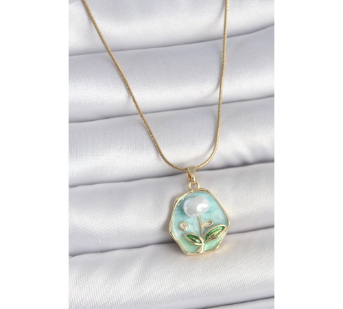 316L Çelik Gold Renk Zincir Mavi Çiçek İşlemeli İnci İşlemeli Portre Model Kadın Kolye - TJ-BKO10126