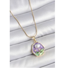 316L Çelik Gold Renk Zincir Mor Çiçek İşlemeli İnci Detay Portre Model Kadın Kolye - TJ-BKO10127