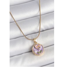316L Çelik Gold Renk Zincir Mor Minimal Çiçek İşlemeli İnci Detay Portre Model Kadın Kolye - TJ-BKO10128