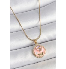 316L Çelik Gold Renk Zincir Pembe Minimal Çiçek İşlemeli İnci Detay Portre Model Kadın Kolye - TJ-BKO10129