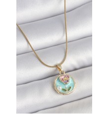 316L Çelik Gold Renk Zincir Mavi Minimal Çiçek İşlemeli İnci Detay Portre Model Kadın Kolye - TJ-BKO10130