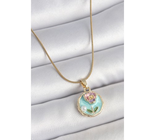 316L Çelik Gold Renk Zincir Mavi Minimal Çiçek İşlemeli İnci Detay Portre Model Kadın Kolye - TJ-BKO10130