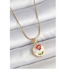 316L Çelik Gold Renk Zincir Beyaz Minimal Çiçek İşlemeli İnci Detay Portre Model Kadın Kolye - TJ-BKO10131