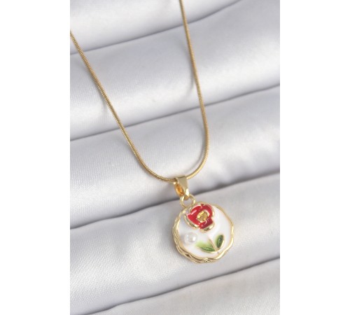 316L Çelik Gold Renk Zincir Beyaz Minimal Çiçek İşlemeli İnci Detay Portre Model Kadın Kolye - TJ-BKO10131