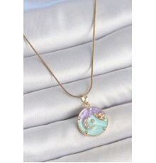 316L Çelik Gold Renk Zincir Çifr Renk Zirkon Taşlı Hilal İşlemeli Yıldız Detay Madalyon Model Kadın Kolye - TJ-BKO10132