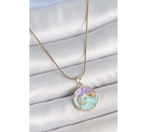 316L Çelik Gold Renk Zincir Çifr Renk Zirkon Taşlı Hilal İşlemeli Yıldız Detay Madalyon Model Kadın Kolye - TJ-BKO10132