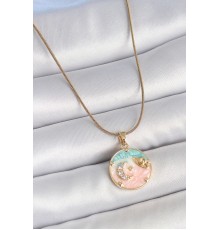 316L Çelik Gold Renk Zincir Mix Renk Mineli Zirkon Taşlı Gezegen İşlemeli Yıldız Detay Madalyon Model Kadın Kolye - TJ-BKO10133