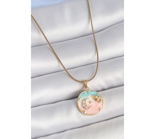 316L Çelik Gold Renk Zincir Mix Renk Mineli Zirkon Taşlı Gezegen İşlemeli Yıldız Detay Madalyon Model Kadın Kolye - TJ-BKO10133